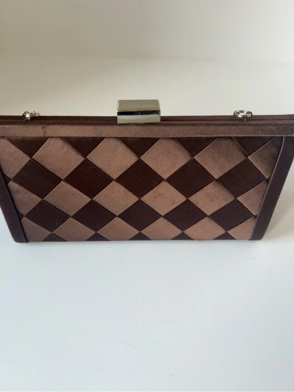 Vintage Katie Landry Brown Woven Satin Evening Clutch Purse w/ Chain Strap